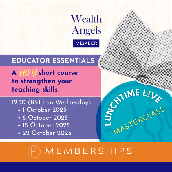 Promotional flyer for Wealth Angels Educator Essentials course with a gift box graphic.