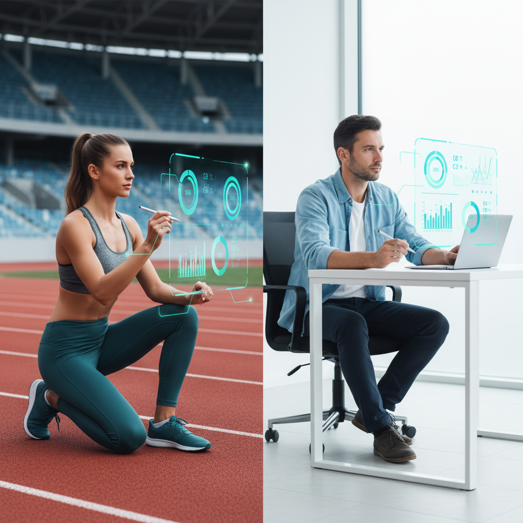 Woman Athlete with a training plan and a Man with a financial plan presented in comparison