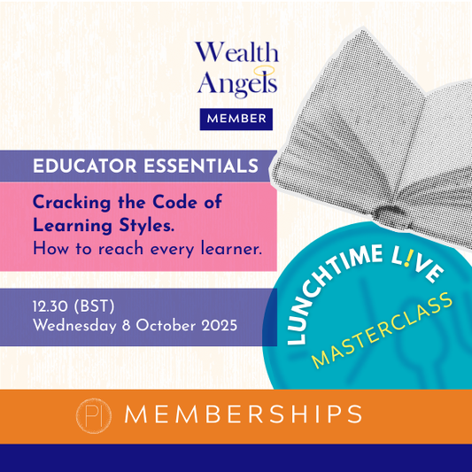 Promotional flyer for Wealth Angels Lunchtime Live Masterclass on learning styles, featuring an open book.