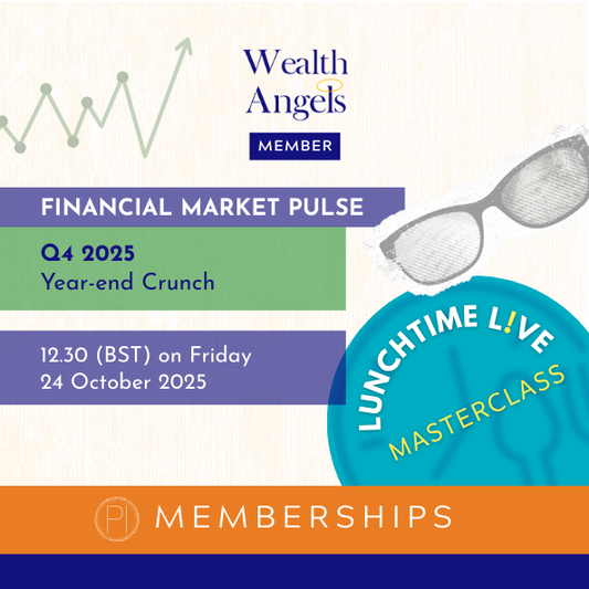 Promotional flyer for Wealth Angels' financial market pulse event with sunglasses and membership information.