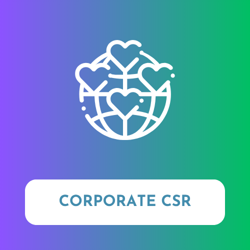 Logo with a globe and heart on a gradient background with 'Corporate CSR' text.