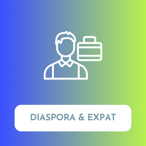 Gradient background with a person icon and suitcase, labeled 'Diaspora & Expat'.