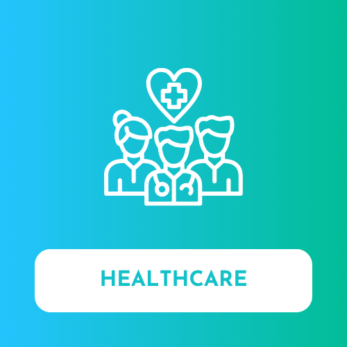 Icon of people with a heart and cross symbol on a blue gradient background with 'HEALTHCARE' text.