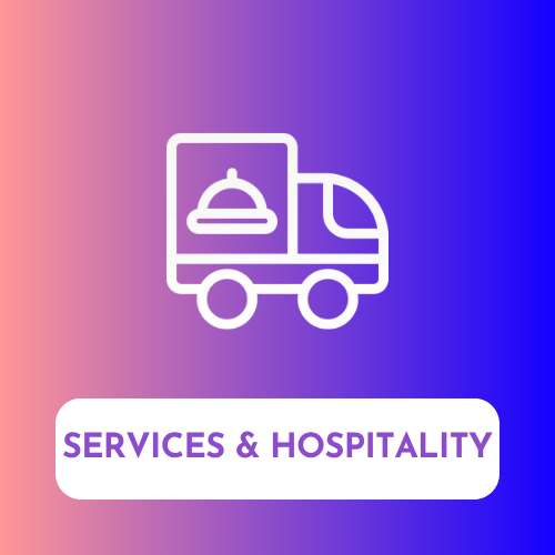 Icon of a delivery truck with a gradient background labeled 'SERVICES & HOSPITALITY'.