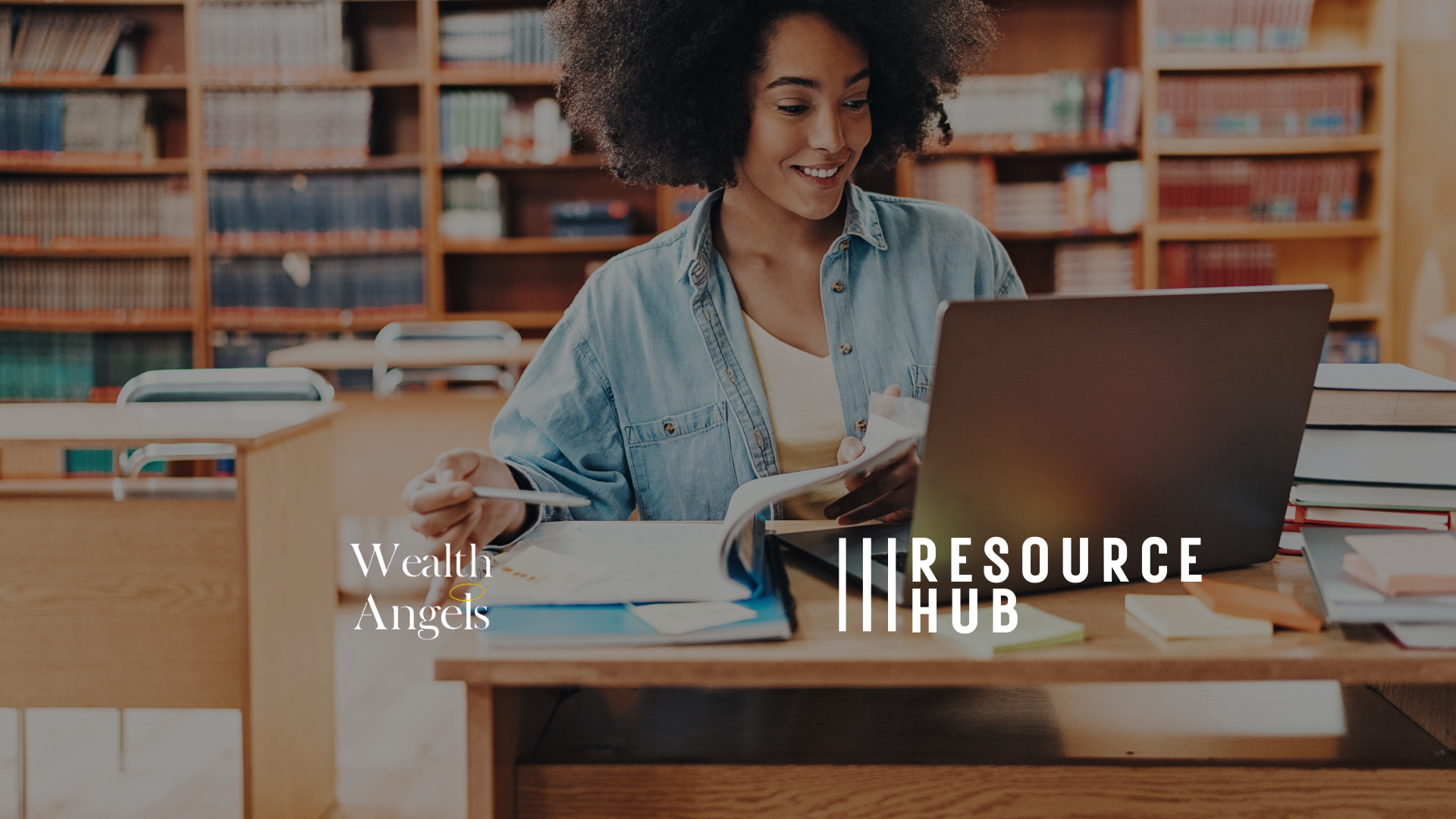 Woman using a laptop in a library setting with 'Wealth Angels Resource Hub' branding.